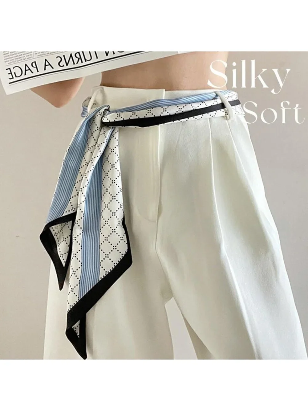 Women's Blue White Fashion Silky Satin Headscarf Wrap Lightweight Scarves Scarf